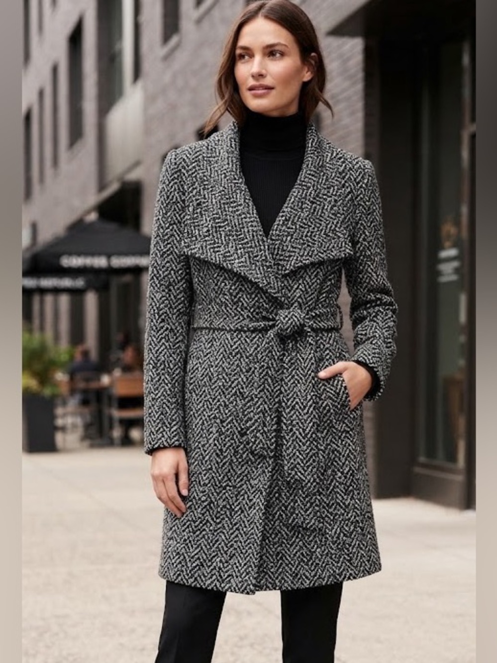 Banana Republic Black & Gray Herringbone Open Front Coat -Size 14 Large